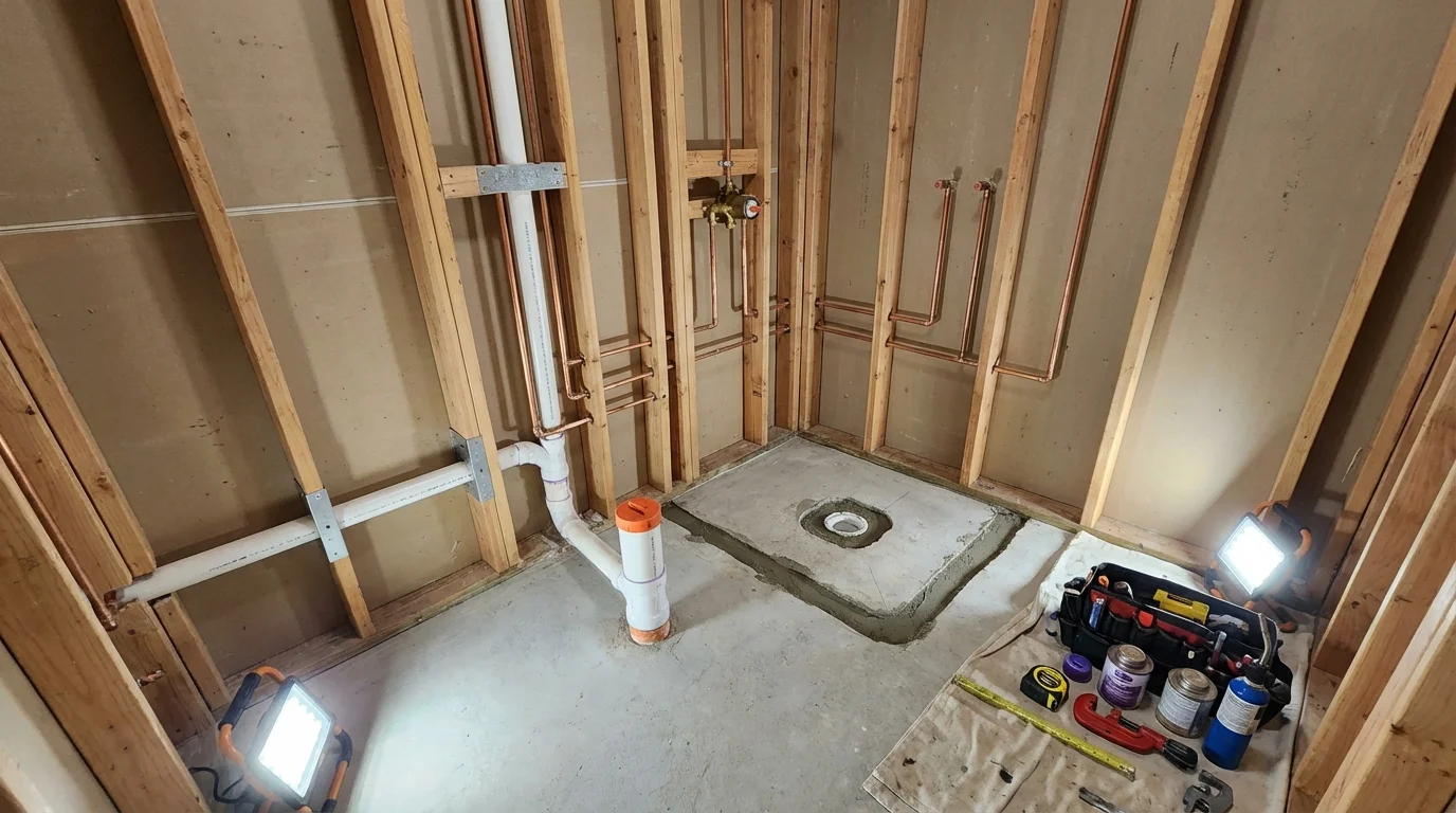 Bathroom rough-in plumbing during remodel by Johns Plumbing LLC in Cornish