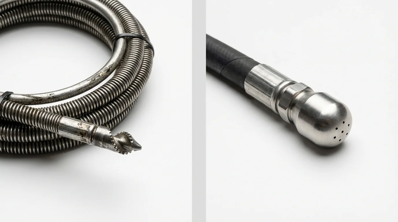 Drain snake cable and hydro jetting nozzle used for drain cleaning in Cornish, ME