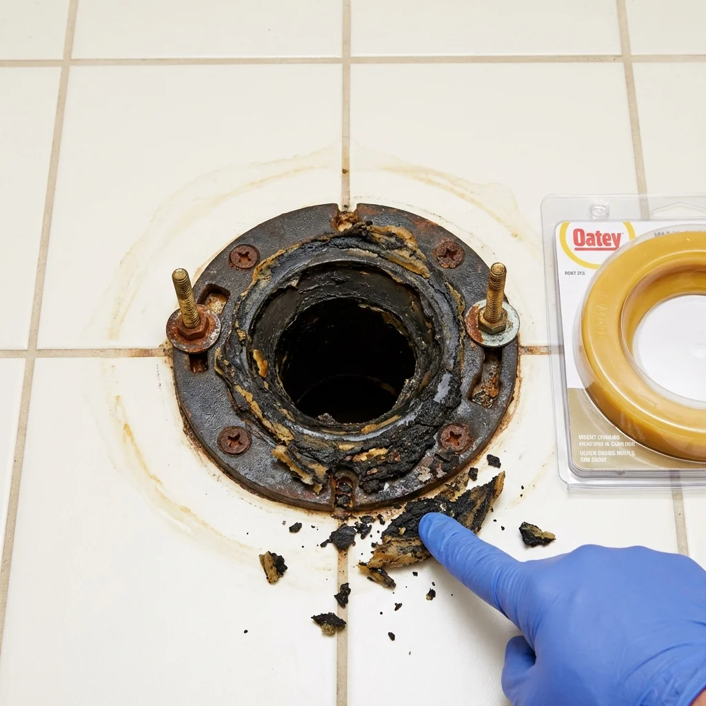 Failed wax ring showing water seepage at the base of a toilet in a Cornish, ME home