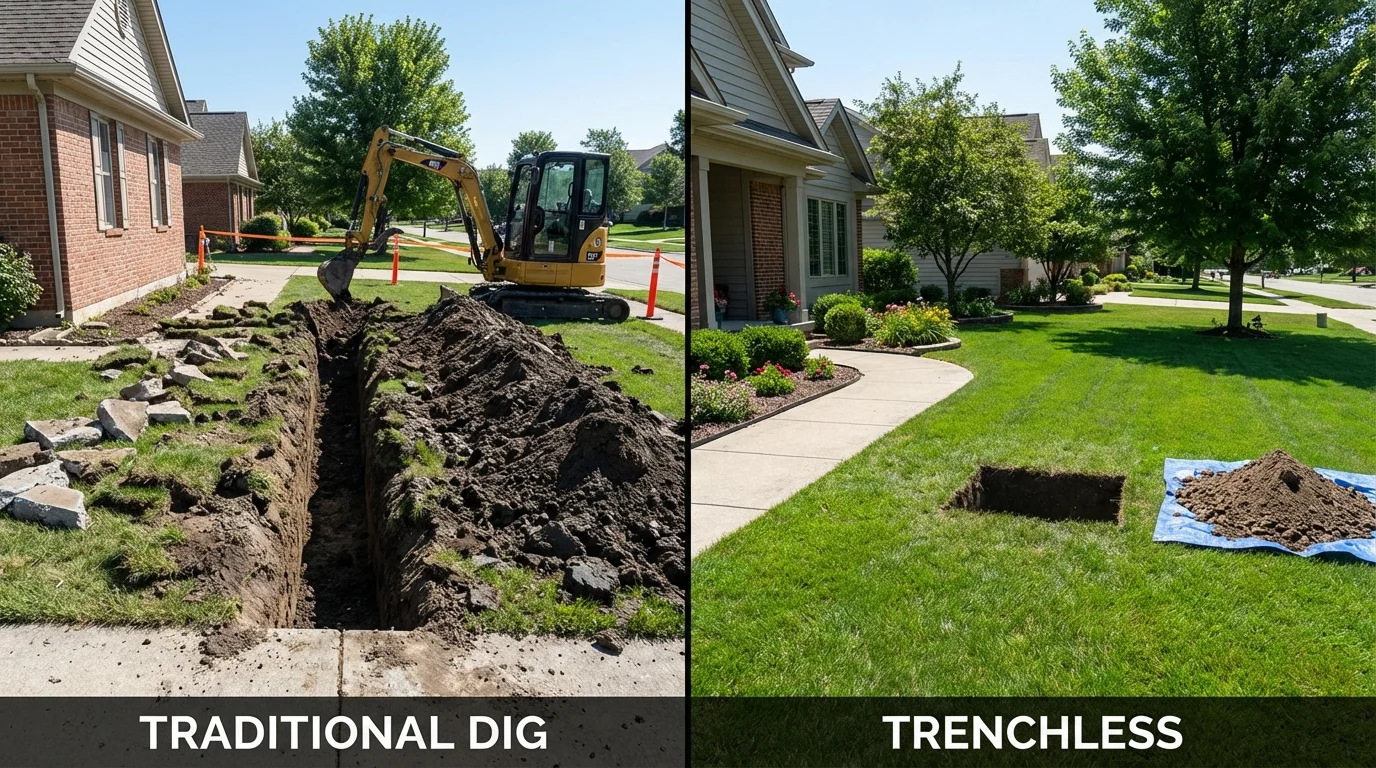 Trenchless sewer repair with minimal yard damage versus traditional excavation in Cornish, ME