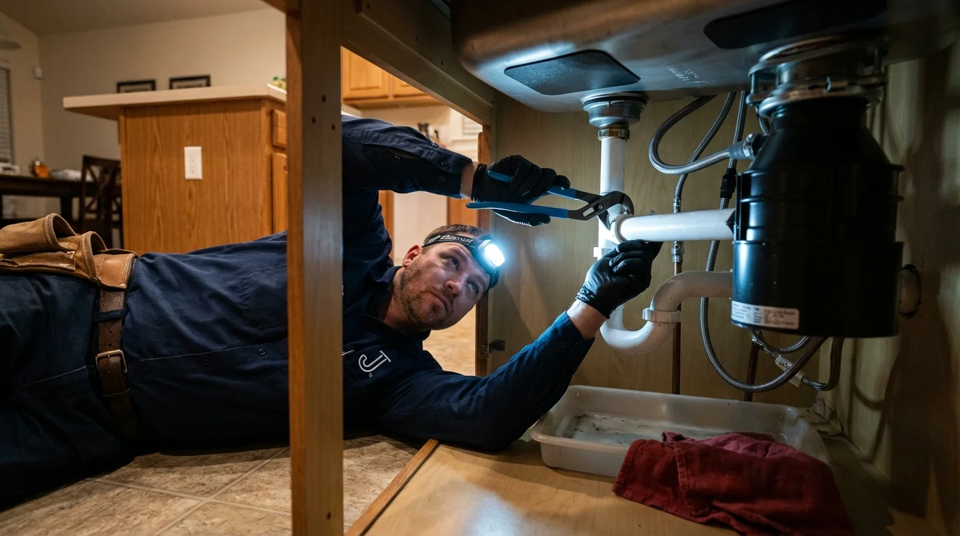 P-trap and supply line connections under a kitchen sink showing a common leak point in Cornish, ME